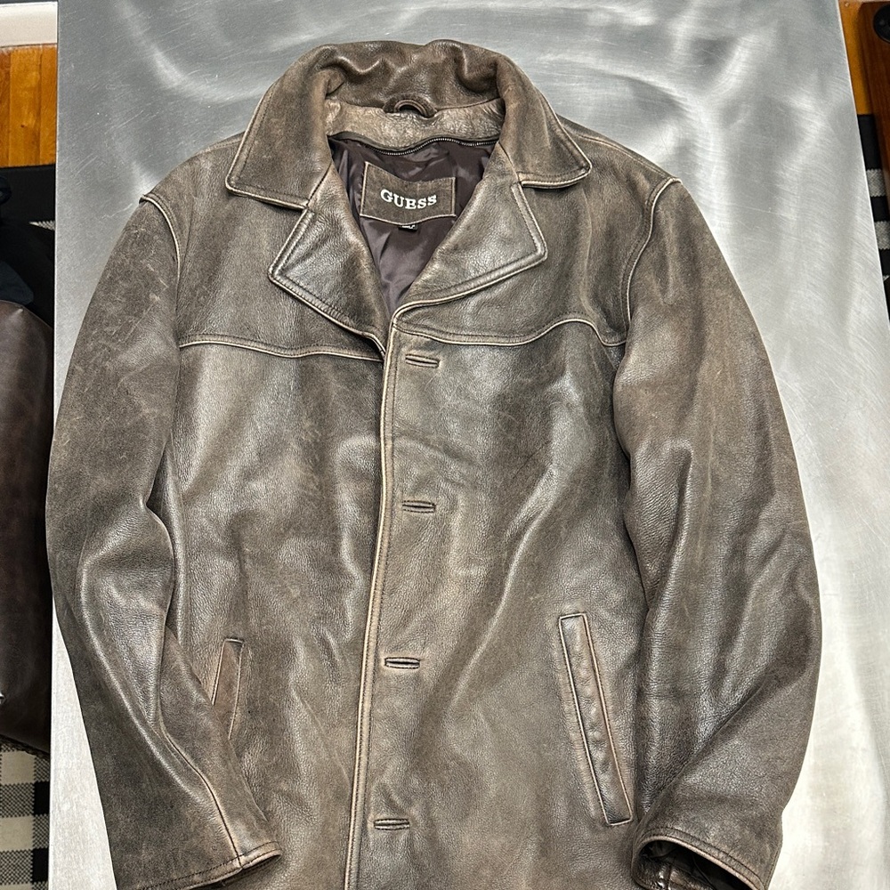 GUESS Men's Brown Leather Trench Coat